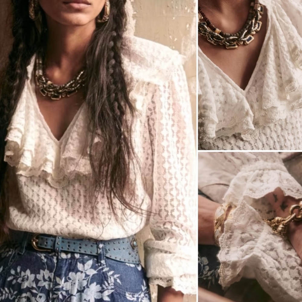 Sezane Stessy Blouse Ecru Top Size‎ 46 French US 14 Ruffle Lace Romantic Minimal